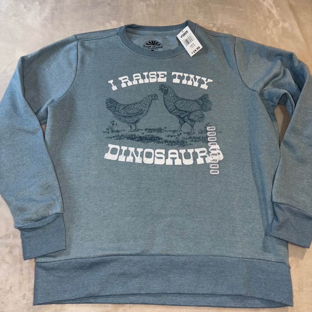 Lost Creek Tiny Dinosaurs Chicken Sweatshirt Blue L NWT Farmcore Cottagecore